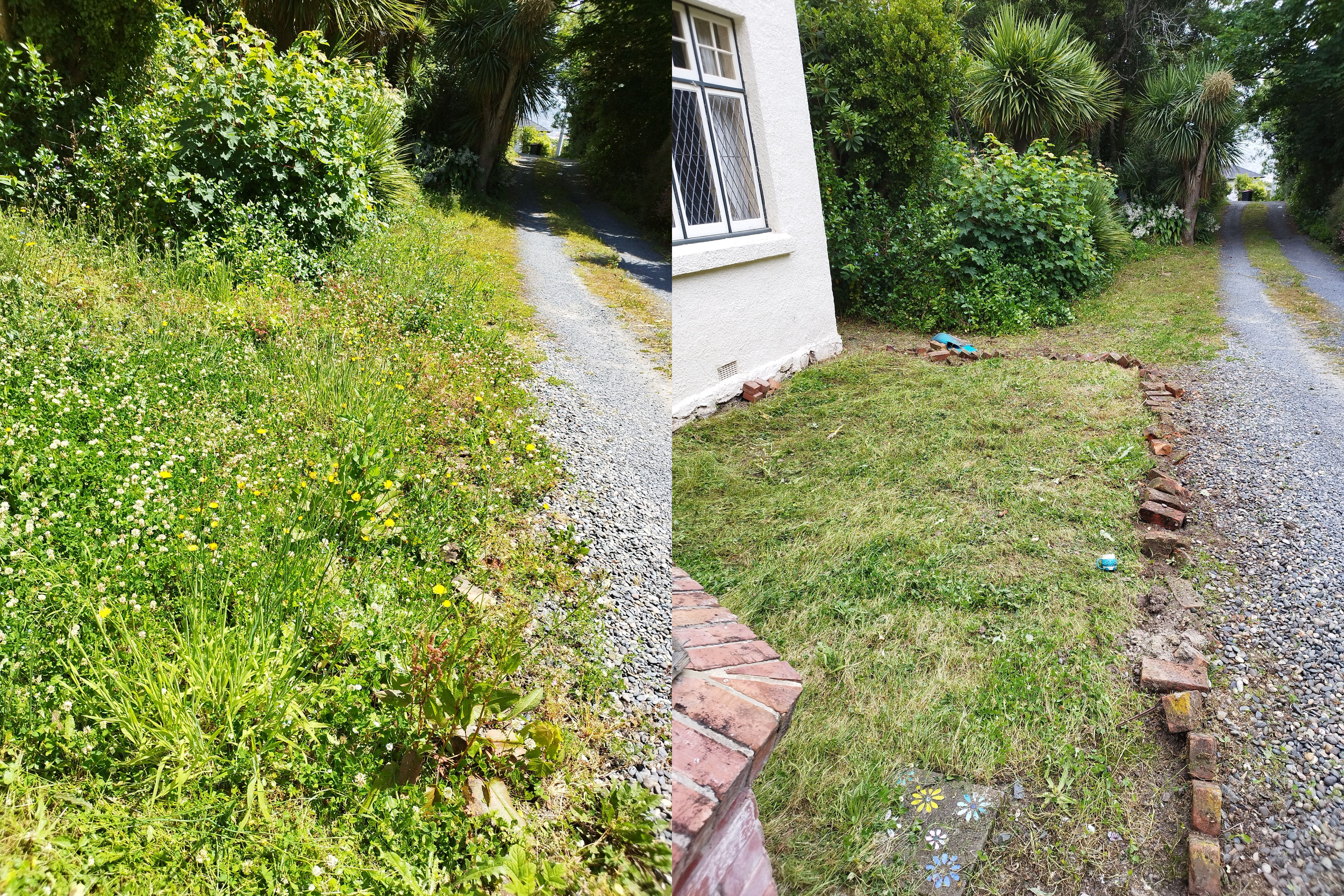 Comparison of two paths: left side shows a grassy, flowered dirt path with overgrown greenery on each side, and right side shows a well-maintained lawn next to a house with a brick border and a gravel driveway.