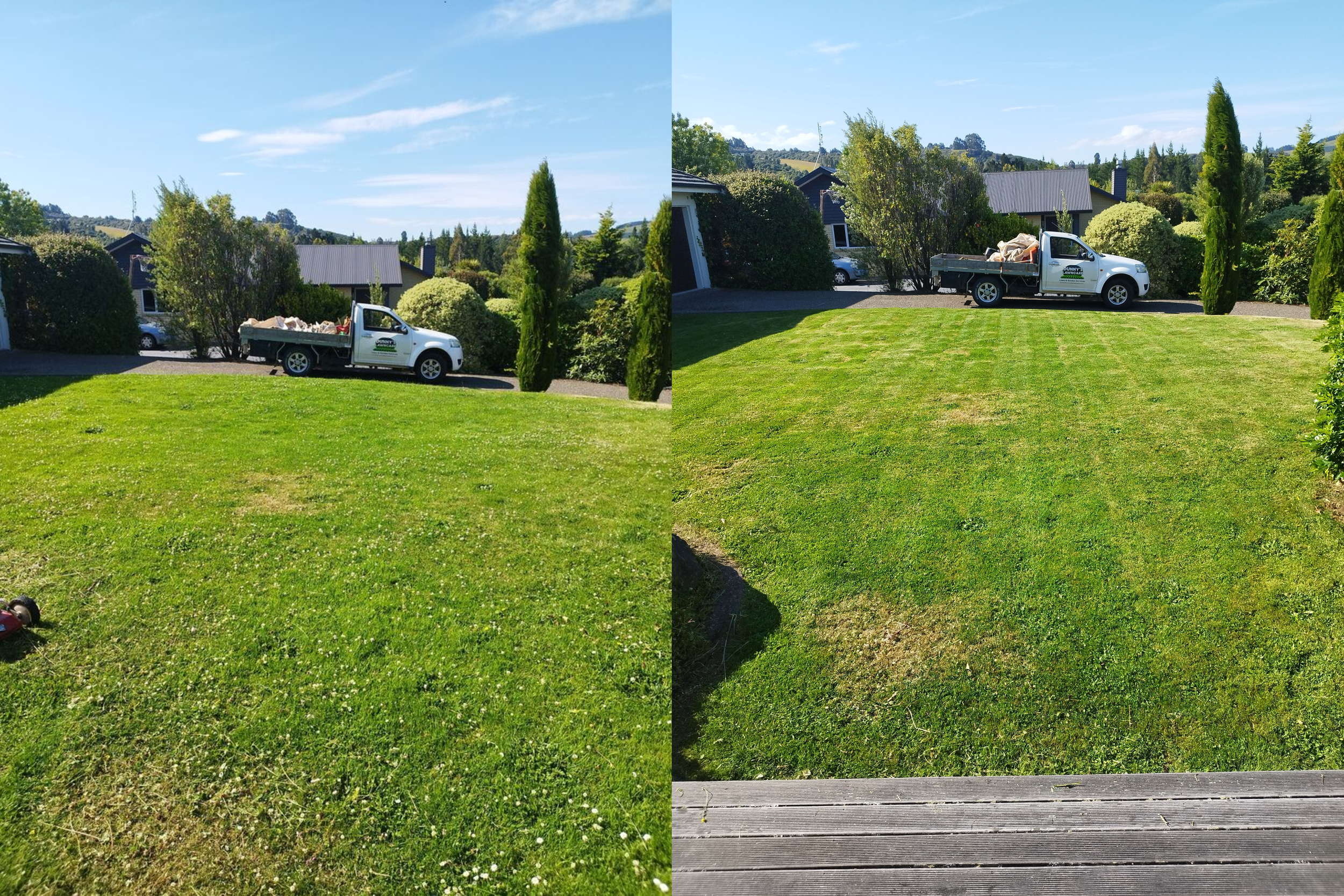 Side-by-side comparison of a backyard lawn before and after mowing, showing a lush green yard with a truck parked in the background and trees, with the right side indicating a freshly mowed lawn.