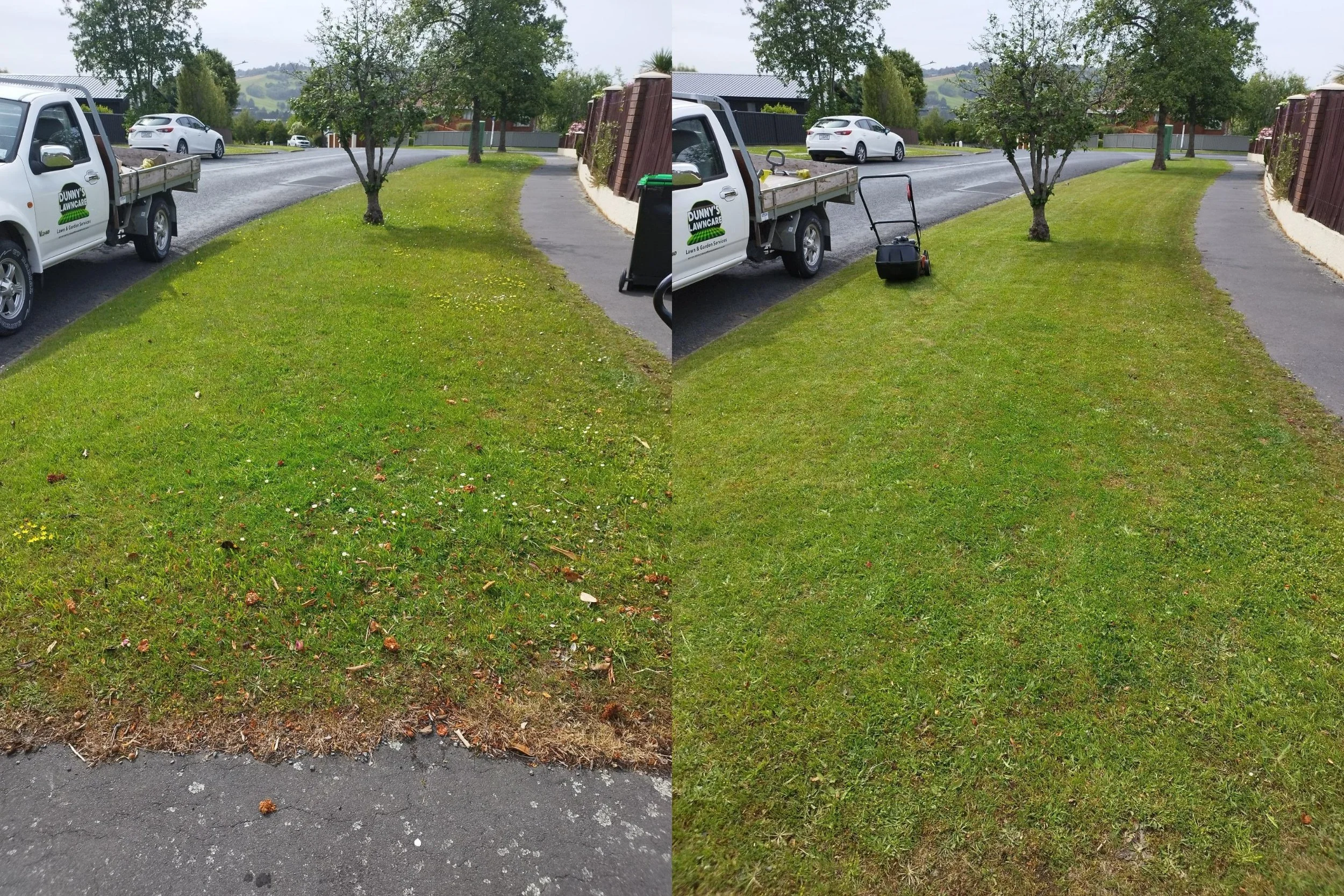 Side-by-side comparison of a grassy lawn before and after mowing, with a tree, sidewalk, and parked vehicles in the background.