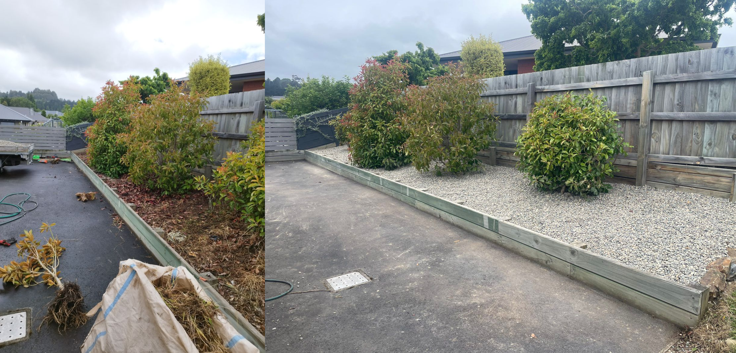 Side-by-side comparison of a garden bed before and after landscaping. The left side shows overgrown bushes, weeds, and gardening tools, while the right side displays neatly trimmed bushes, a gravel ground cover, and a clean wooden border.