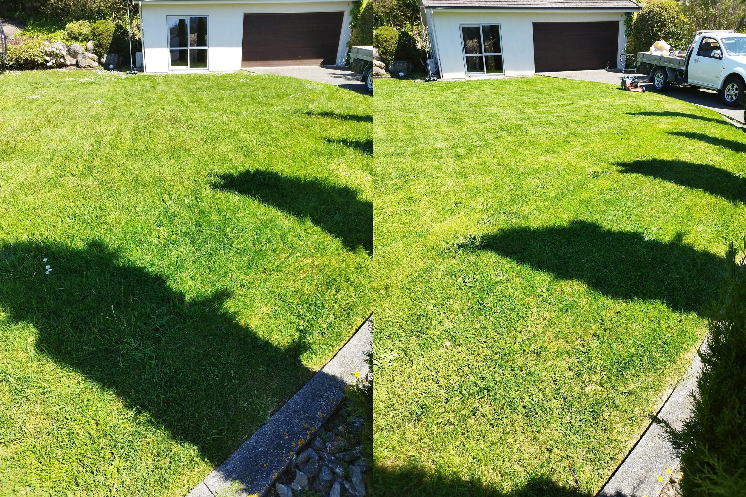 Side-by-side comparison of a lawn before and after mowing, with the left side showing a taller, uneven grass and the right side showing a neatly trimmed, even grass in front of a house with a garage and parked truck.