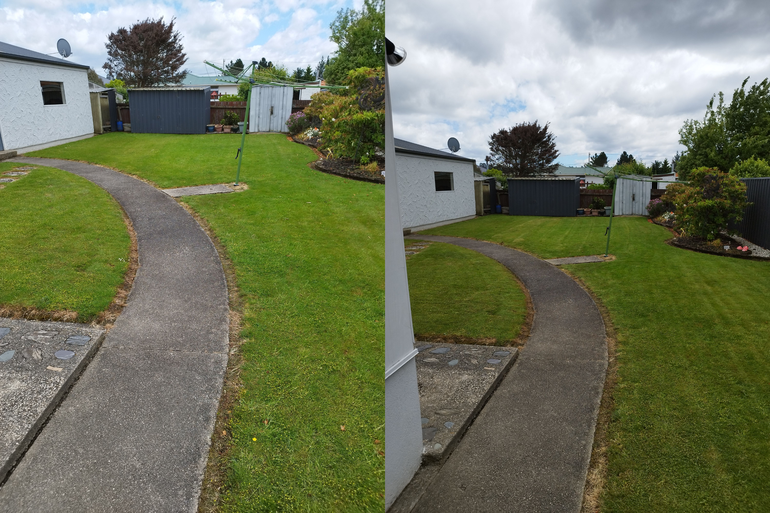 Comparison of a backyard with a curved concrete pathway leading to a grassy area, shown before and after lawn care or landscaping, with a shed and garden plants in the background under a partly cloudy sky.