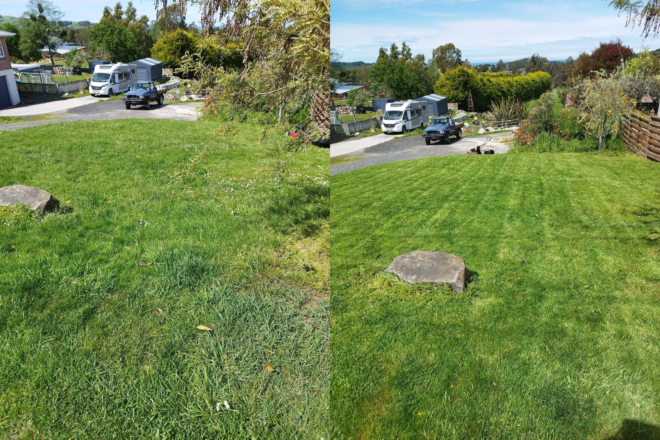 Comparison of a backyard before and after grass lawn mowing. The left side shows tall, uncut grass, while the right side features neatly mowed, lush green grass.