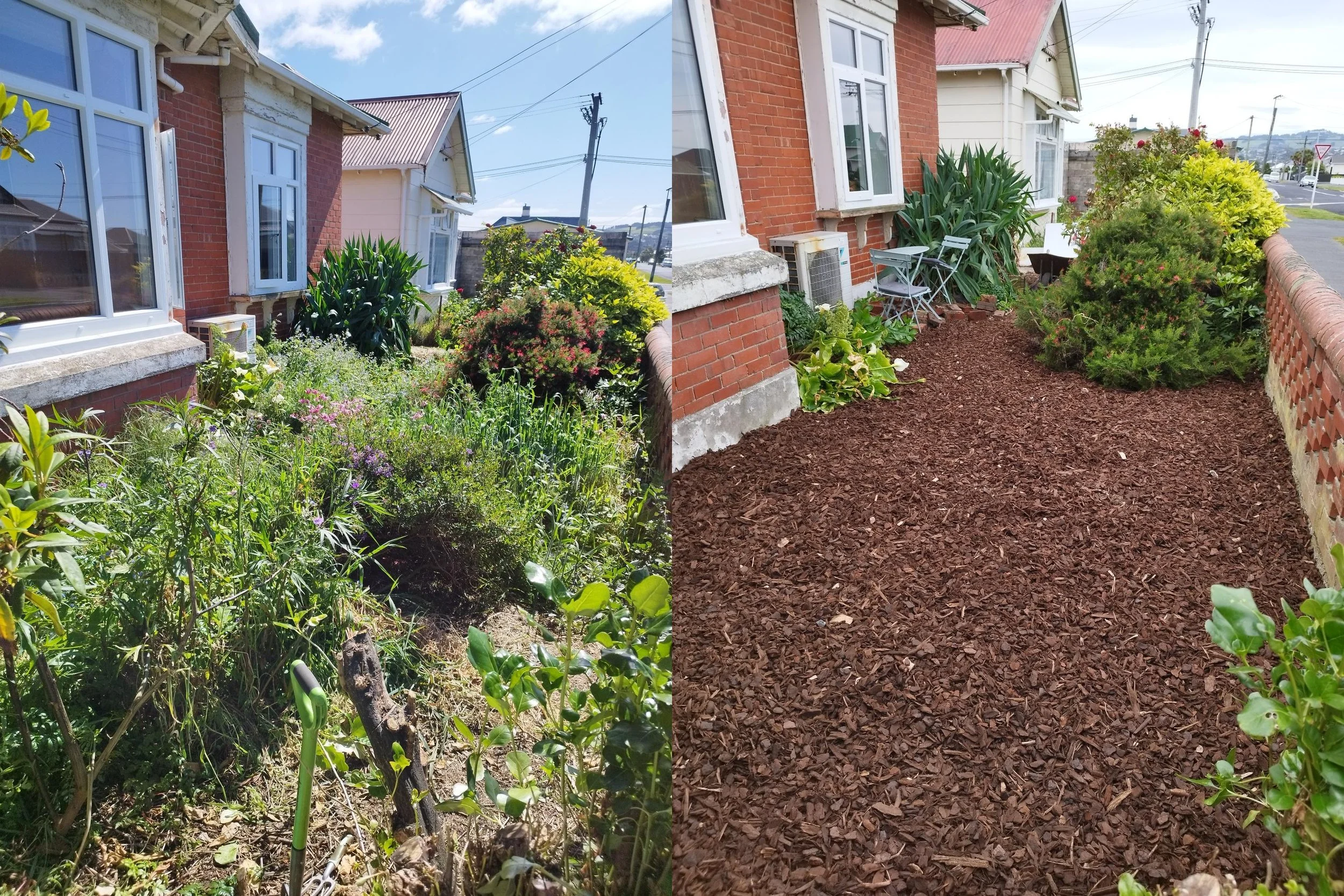 A side-by-side comparison of a garden before and after landscaping. The left side shows overgrown plants, weeds, and current greenery near a red brick house, while the right side shows a cleared, mulched garden bed with no plants, near the same house