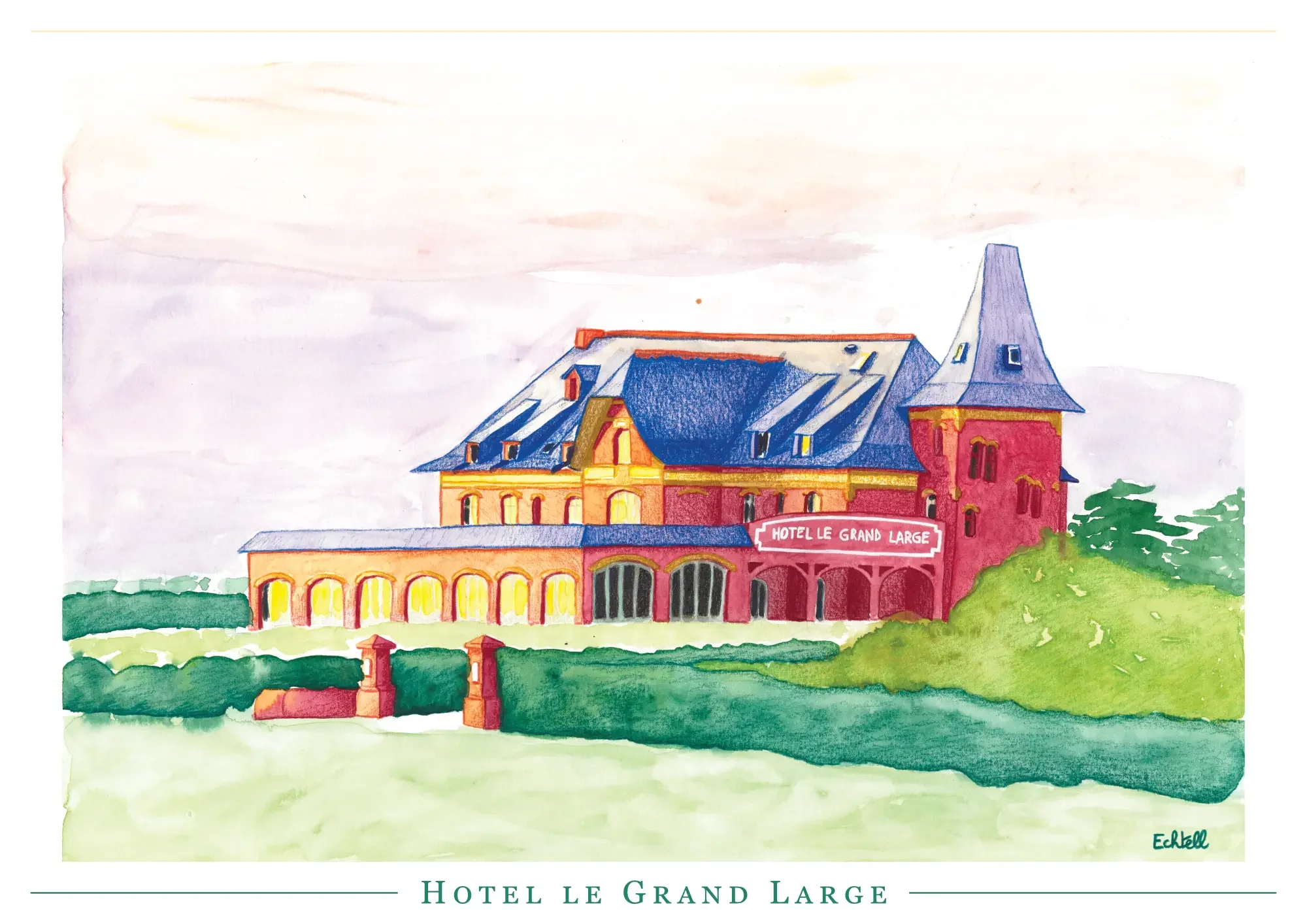 Affiche touristique souvenir d'un bâtiment de caractère fait à l'aquarelle représentant un hôtel face à l'océan .