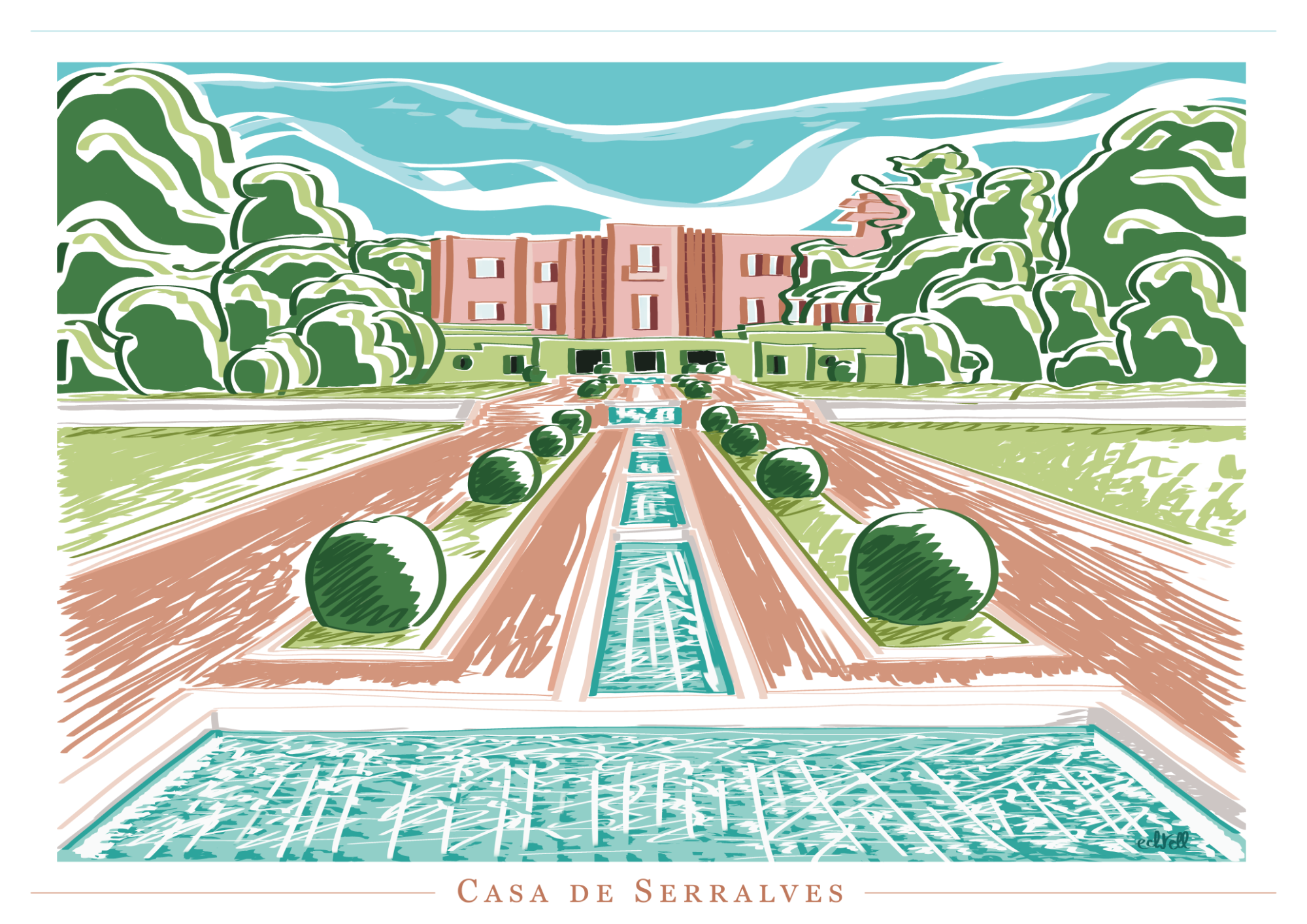 Affiche de la Casa de Serralves. Dessin à la tablette numérique de la Fundaçao de Serralves à Porto, Portugal tourisme. Villa style Art Déco rose avec une enfilade de bassin piscine et un jardin arboré. Echtell Art illustration Yvelines Versailles