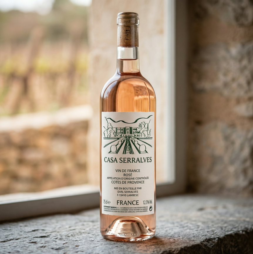 Graphisme étiquette d'une bouteille de vin rosé logo Casa de Serralves. Dessin à la tablette numérique de la Fundaçao de Serralves à Porto, villa Art Déco rose avec une enfilade de bassins piscine. Tourisme Portugal Illustration Yvelines Echtell Art