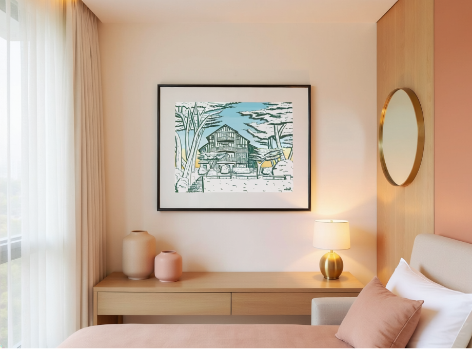 Affiche encadrée décoration murale maison basque dans une chambre d'hôtel. Décoration architecte d'intérieur, fresque sur mesure, lifestyle, art de vivre, design, incrustation IA. Hôtel, villa. Illustration Yvelines Echtell Art Versailles
