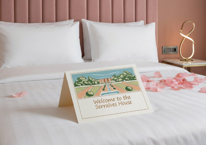 Incrustation welcome card carte de visite hôtel Serralves House Graphisme  Dessin à la tablette numérique, Porto, Portugal tourisme. Villa Art Déco rose piscine jardin. Communication visuelle, lifestyle, art de vivre Illustration Yvelines Echtell Art