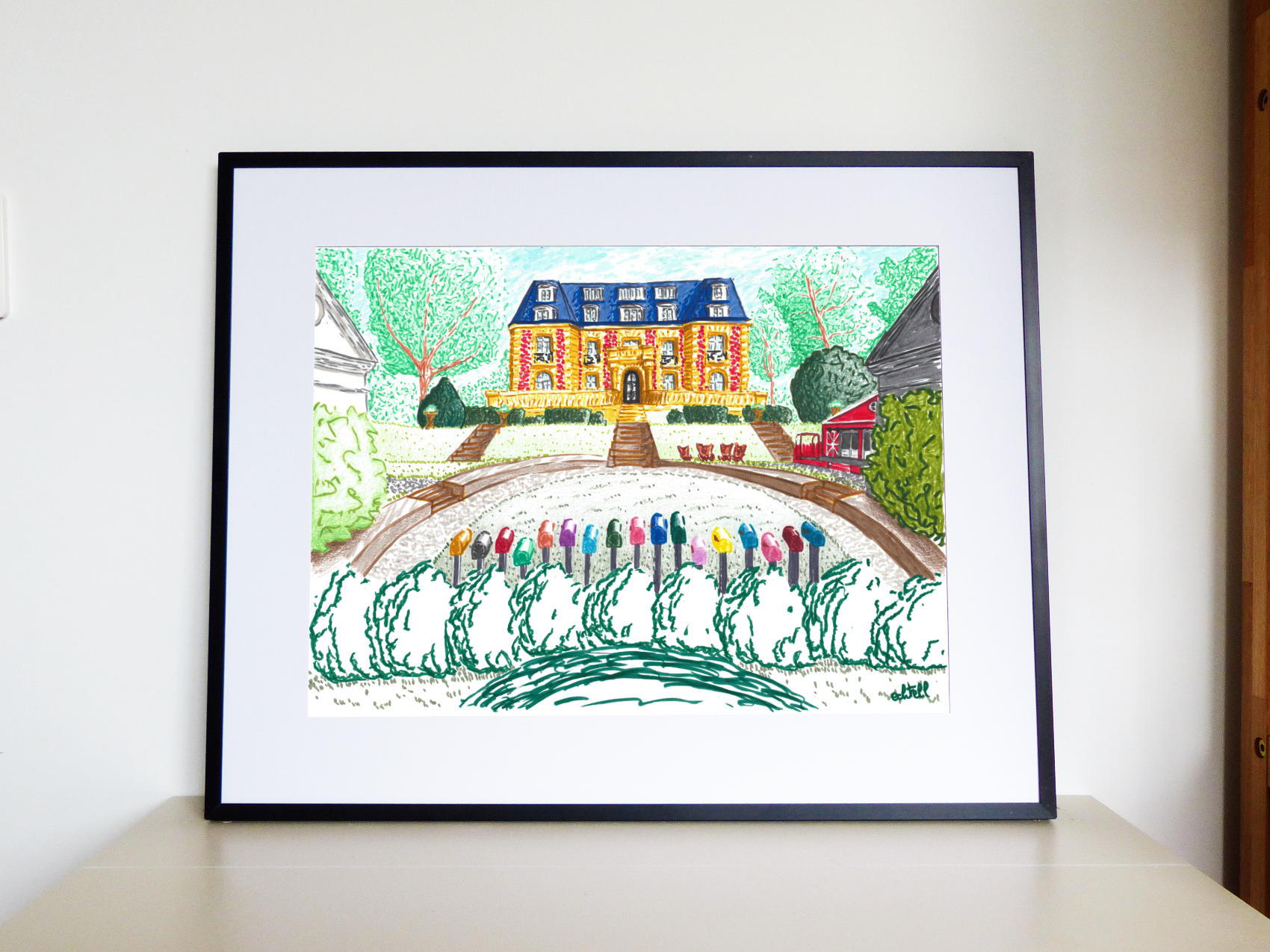 Affiche encadrée du Château de la Star Academy à Dammarie-les-Lys. Château des Vives Eaux style classique Paris XIXe XVIIIe siècle Seine et Marne. Illustration dessin à la main décoration murale. Echtell Art Yvelines Versailles artiste tourisme