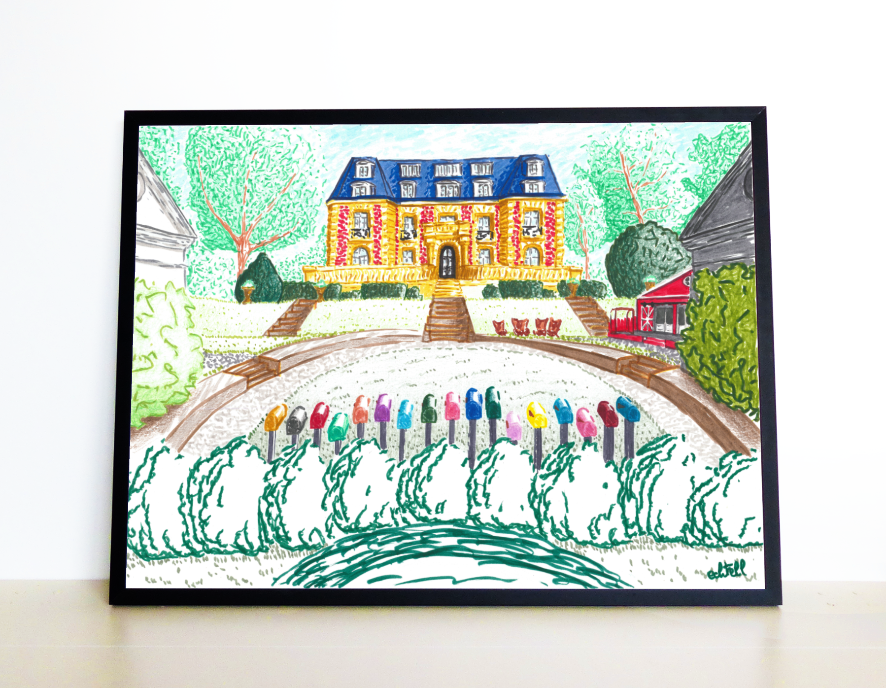 Affiche encadrée du Château de la Star Academy à Dammarie-les-Lys. Château des Vives Eaux style classique Paris XIXe XVIIIe siècle Seine et Marne. Illustration dessin à la main décoration murale. Echtell Art Yvelines Versailles artiste