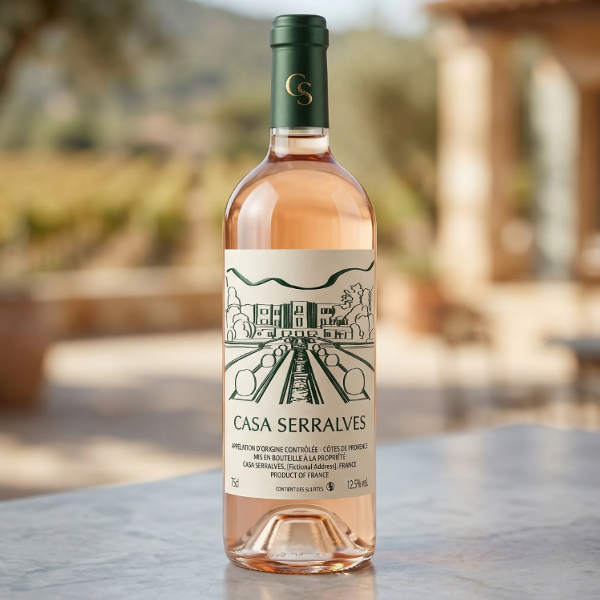 Graphisme étiquette d'une bouteille de vin rosé Casa de Serralves. Dessin à la tablette numérique Porto, Portugal, tourisme.  Identité visuelle, logo, direction artistique, incrustation IA. Illustration Yvelines Echtell Art Versailles