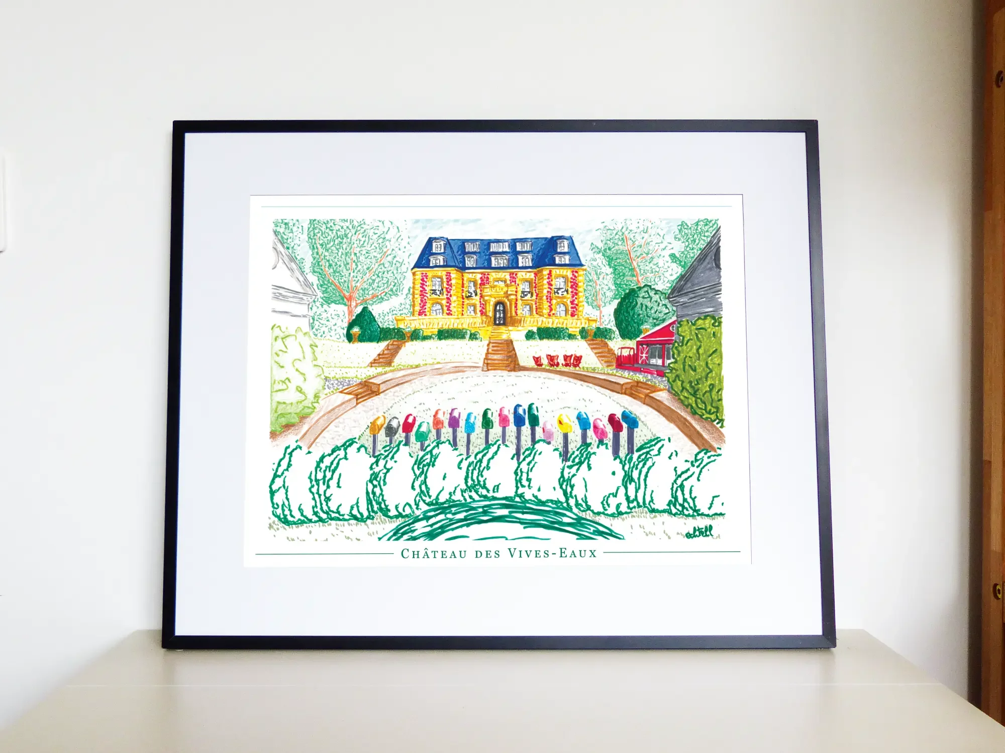 Affiche encadrée du Château de la Star Academy à Dammarie-les-Lys. Château des Vives Eaux style classique Paris XIXe XVIIIe siècle Seine et Marne. Illustration dessin à la main décoration murale. Echtell Art Yvelines Versailles artiste tourisme