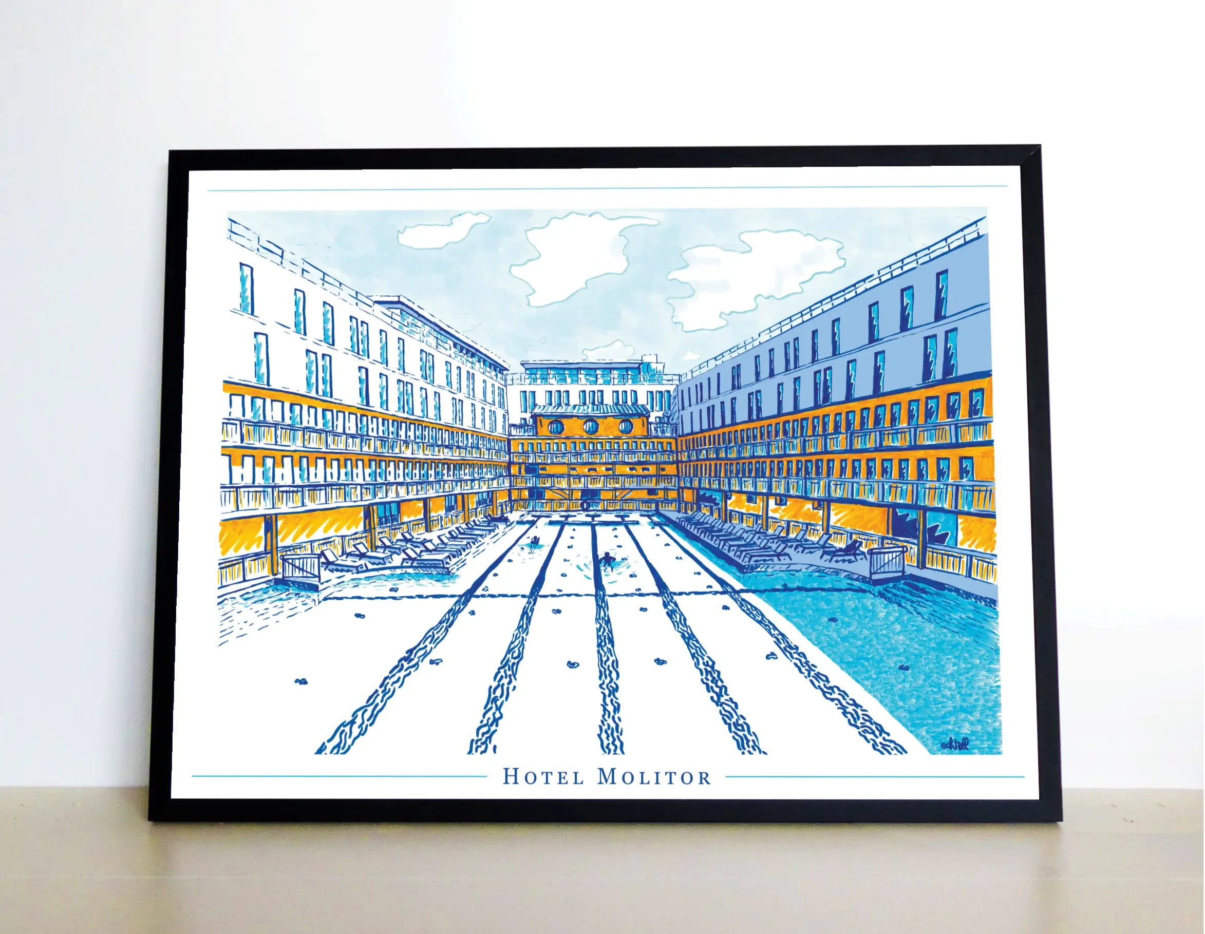 Affiche encadrée de l'hôtel Molitor Paris en décoration murale. Dessin à la main. Architecte d'intérieur, lifestyle, art de vivre, Design, Art déco jaune bleu piscine spa tourisme Ile de France, villa Illustration Yvelines Echtell Art Versailles