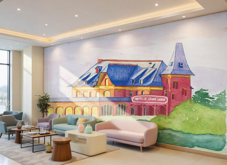 Fresque murale de l'hôtel Le Grand Large dans le lobby salon d'un hôtel. Arécoration architecte d'intérieur, papier peint personnalisé, fresque sur mesure, lifestyle, art de vivre, design, incrustation IA. Illustration Yvelines Echtell Art Versailles
