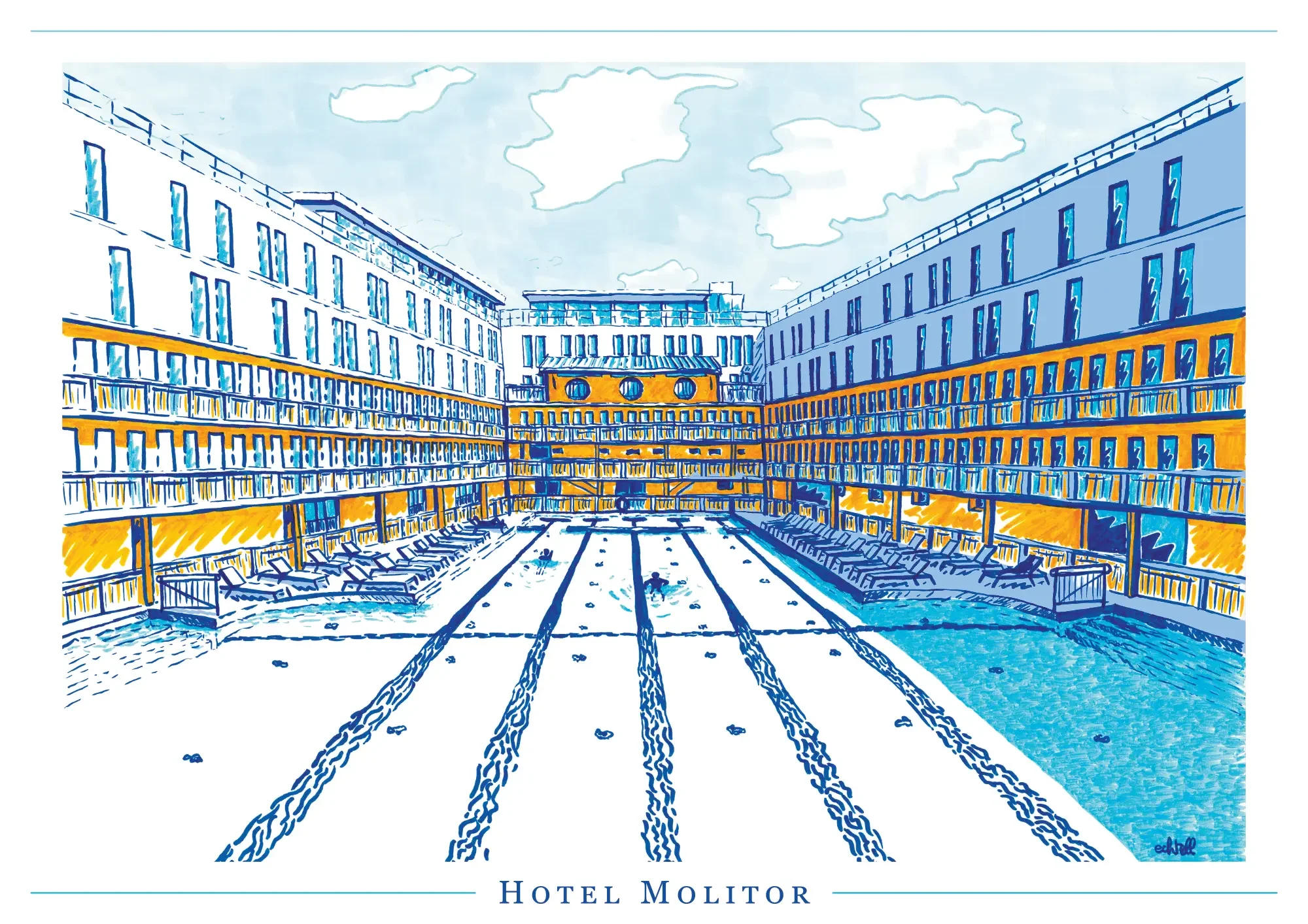 Hotel Molitor Paris - Illustration au pinceau - Parisian Art Deco Hotel with swimming pool