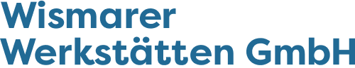 Logo der Wismarer Werkstätten GmbH in Dunkelblau, schwarzer Hintergrund.