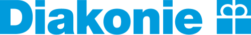 Das Logo von Diakonie in blauer Schrift auf schwarzem Hintergrund.