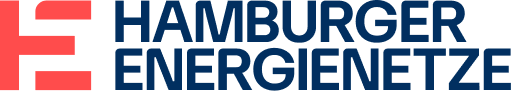 Das Logo der Hamburger Energienetz GmbH, bestehend aus einem roten stilisierten Energieträgerwechsel und blauer Text