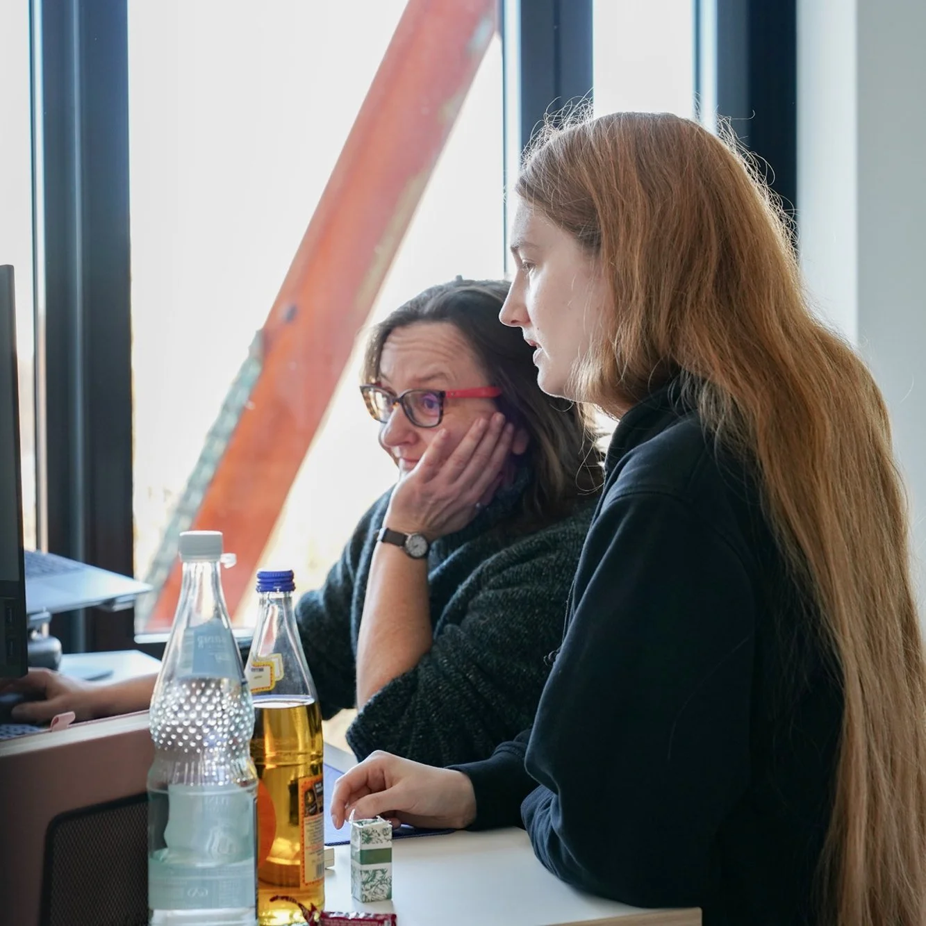 Zwei Frauen arbeiten an einem Computer in einem Büro, einer liest etwas auf dem Bildschirm, die andere schaut konzentriert.