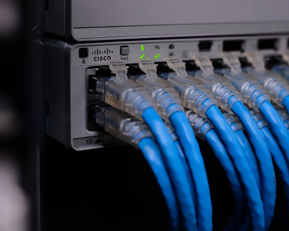 Netzwerk-Switch mit mehreren blauen Ethernet-Kabeln angeschlossen.
