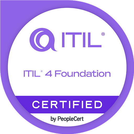 Ein runder Badge mit einem lila Rahmen, dem ITIL-Logo und den Worten 'ITIL 4 Foundation' und 'CERTIFIED' von PeopleCert.