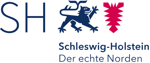 Das Logo von Schleswig-Holstein, mit einem blauen Löwen und einem roten Herzlich-Symbol