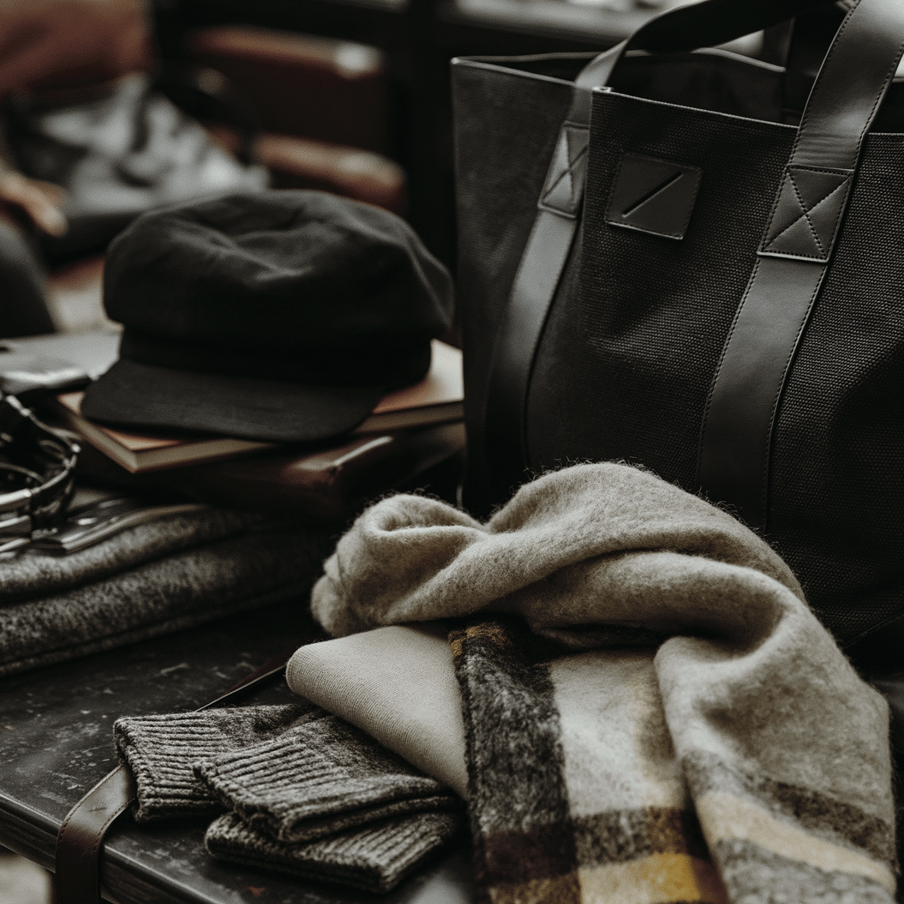 Studio ARTVÉA Accessoires mit hochwertiger Tasche, Cap und Schal für moderne Corporate Fashion, Brand Apparel und textile Markenidentität.