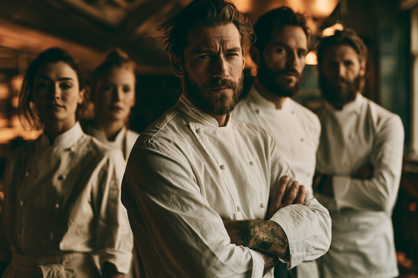 Küchenbrigade in weißen Kochjacken als Beispiel für hochwertige Servicekleidung, Hotelbekleidung und Hospitality Bekleidung von Studio ARTVÉA.
