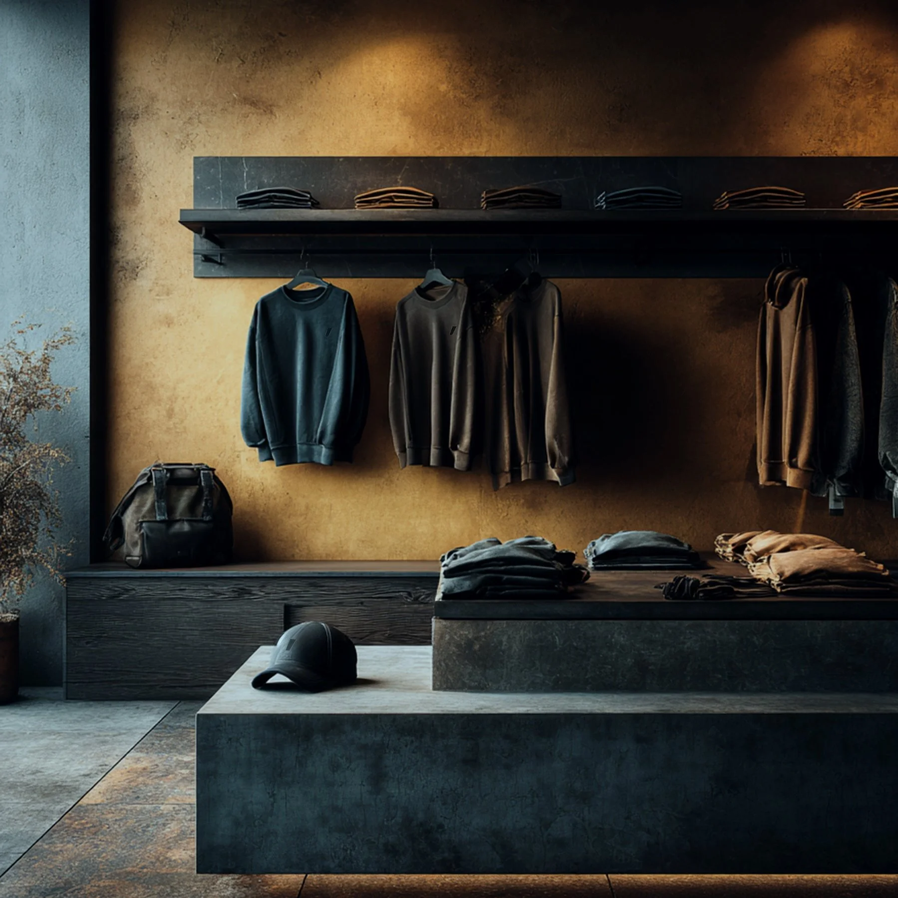 Showroom displaying sweatshirts, tops, caps and bags as part of a coordinated custom fashion and lifestyle collection.
