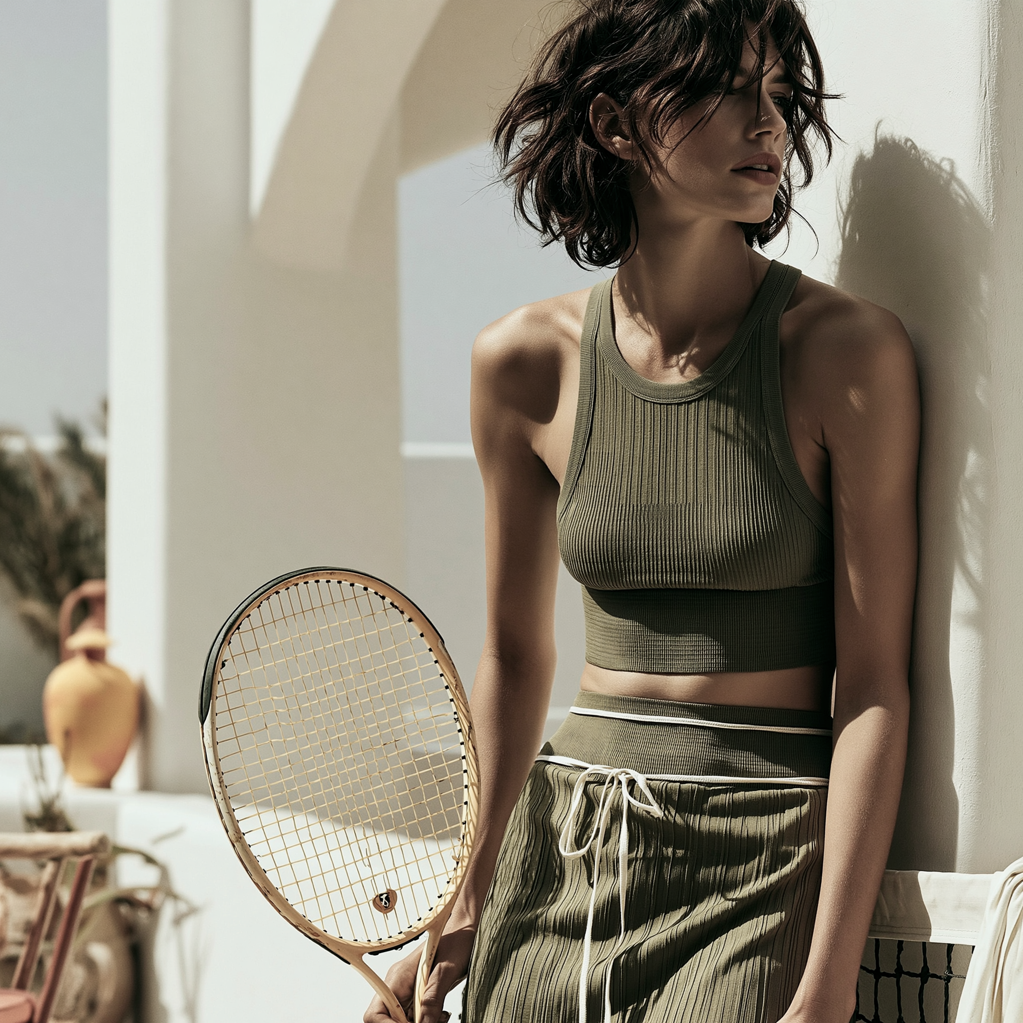 Damen-Tennislook von Studio ARTVÉA mit sportlichem Top als hochwertiges Apparel Piece für Tennis, Sport und moderne Lifestyle-Konzepte.