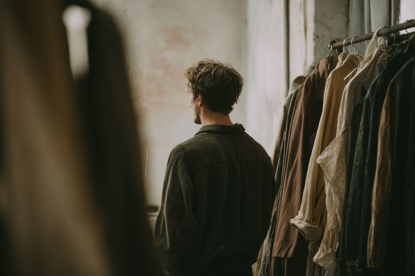 Mann im Cordhemd im Atelier zwischen Kleidung und Schnittmustern – Entwicklung mit Haltung und Beständigkeit