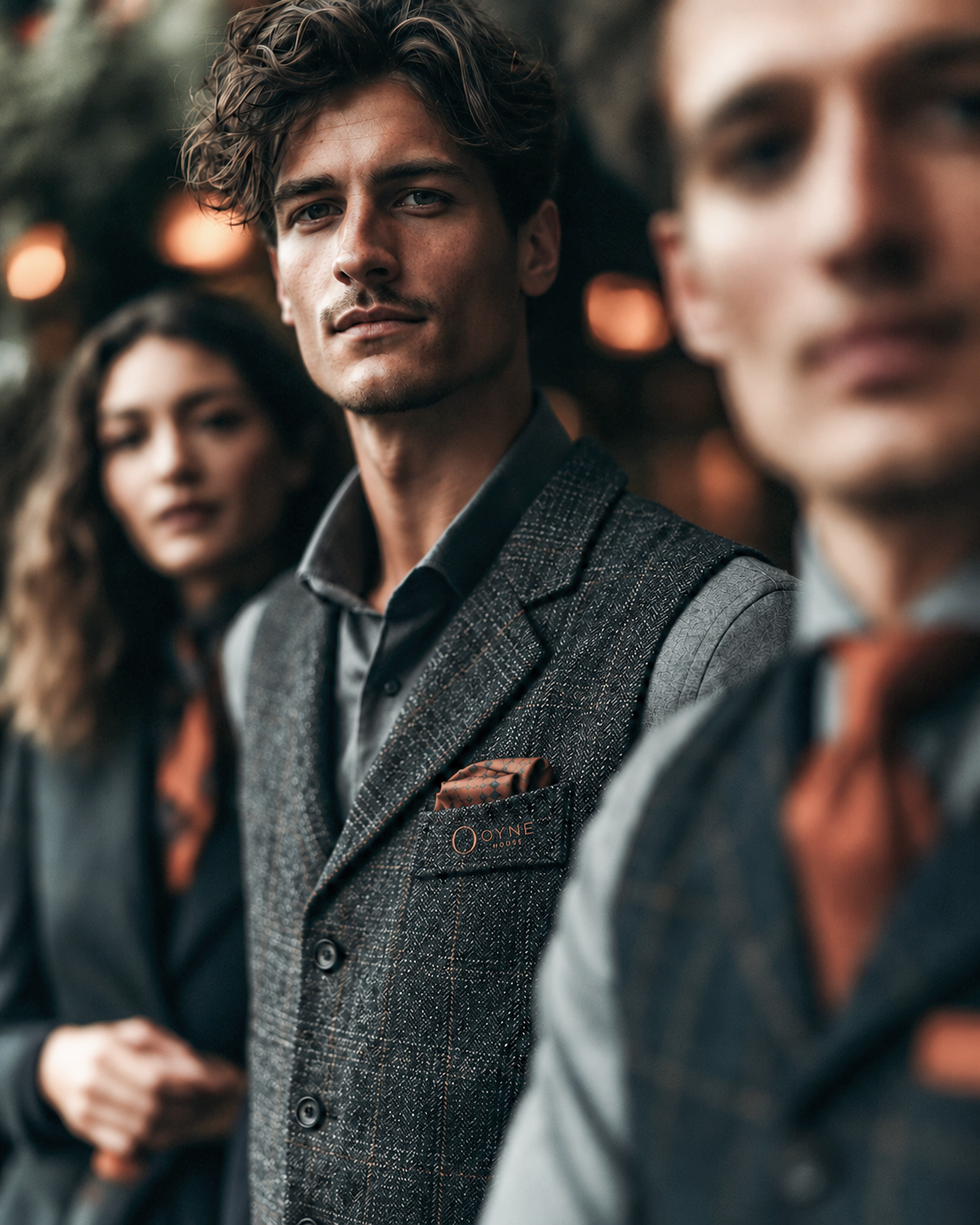 Team wearing coordinated grey waistcoats and shirts with rust-coloured pocket squares.