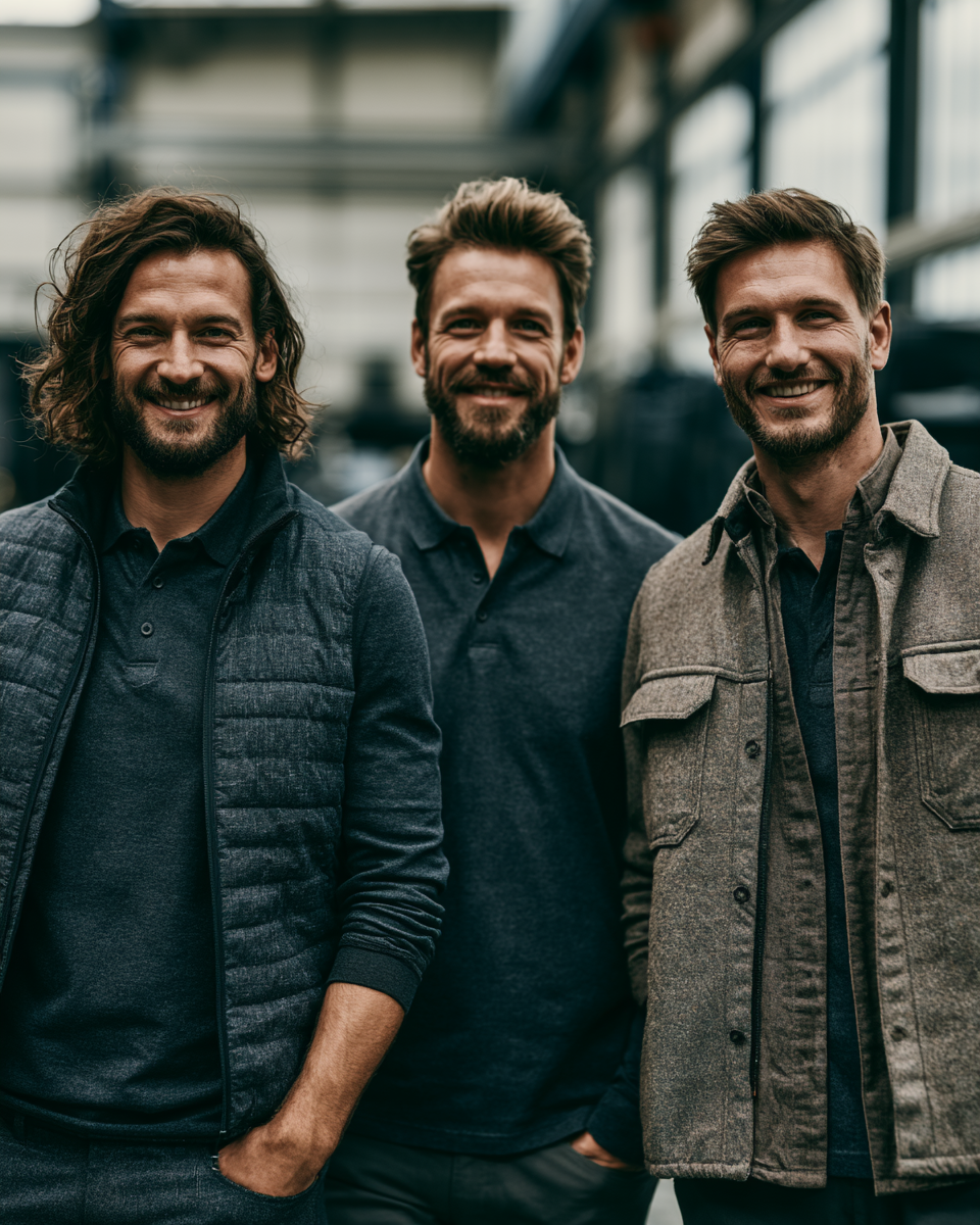 Drei Männer in hochwertiger Corporate Wear als Beispiel für individuelle Corporate Fashion, Mitarbeiterbekleidung und textile Markenidentität für Unternehmen.