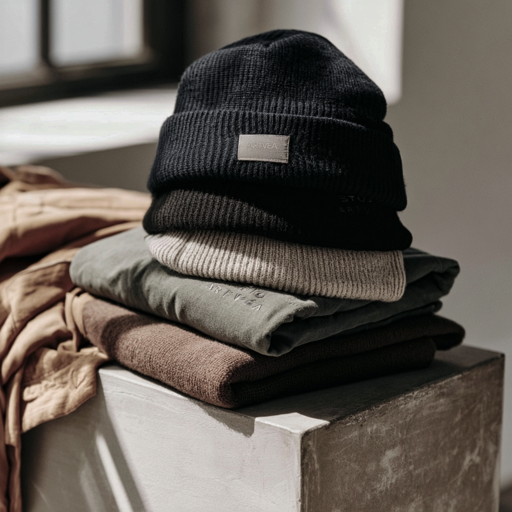 Beanie von Studio ARTVÉA als hochwertiges Strick-Accessoire mit Labeldetail für Brand Apparel, Teamwear und textile Markenidentität.