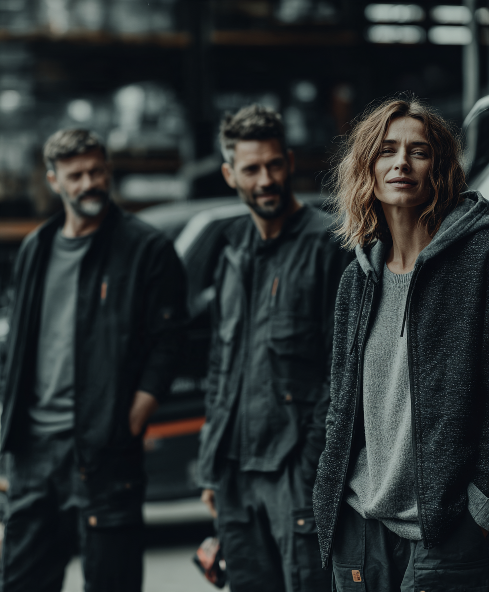 Team in einer Werkhalle mit abgestimmten dunklen Hoodies, Arbeitsjacken und Arbeitshosen.