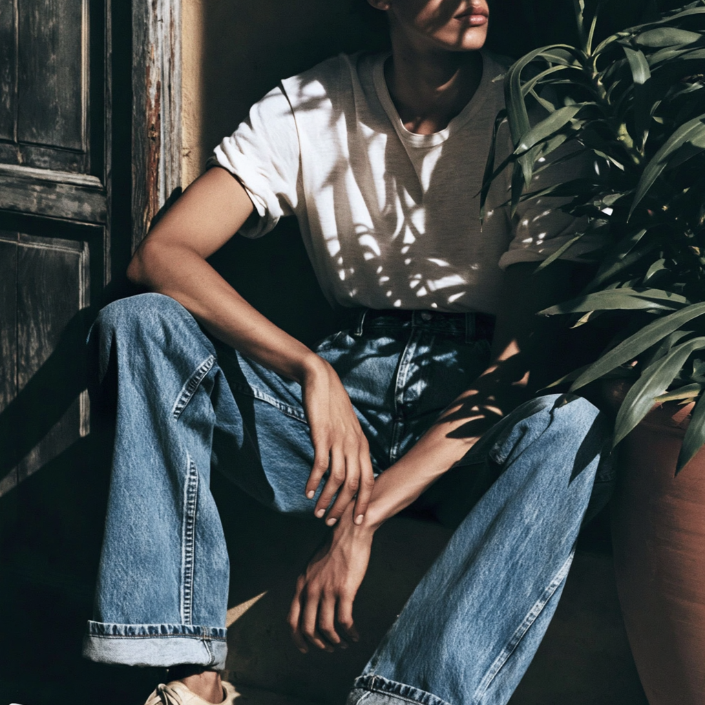 Weißes T-Shirt und Denim Styling von Studio ARTVÉA als moderner Apparel Look mit hochwertiger Bildsprache.