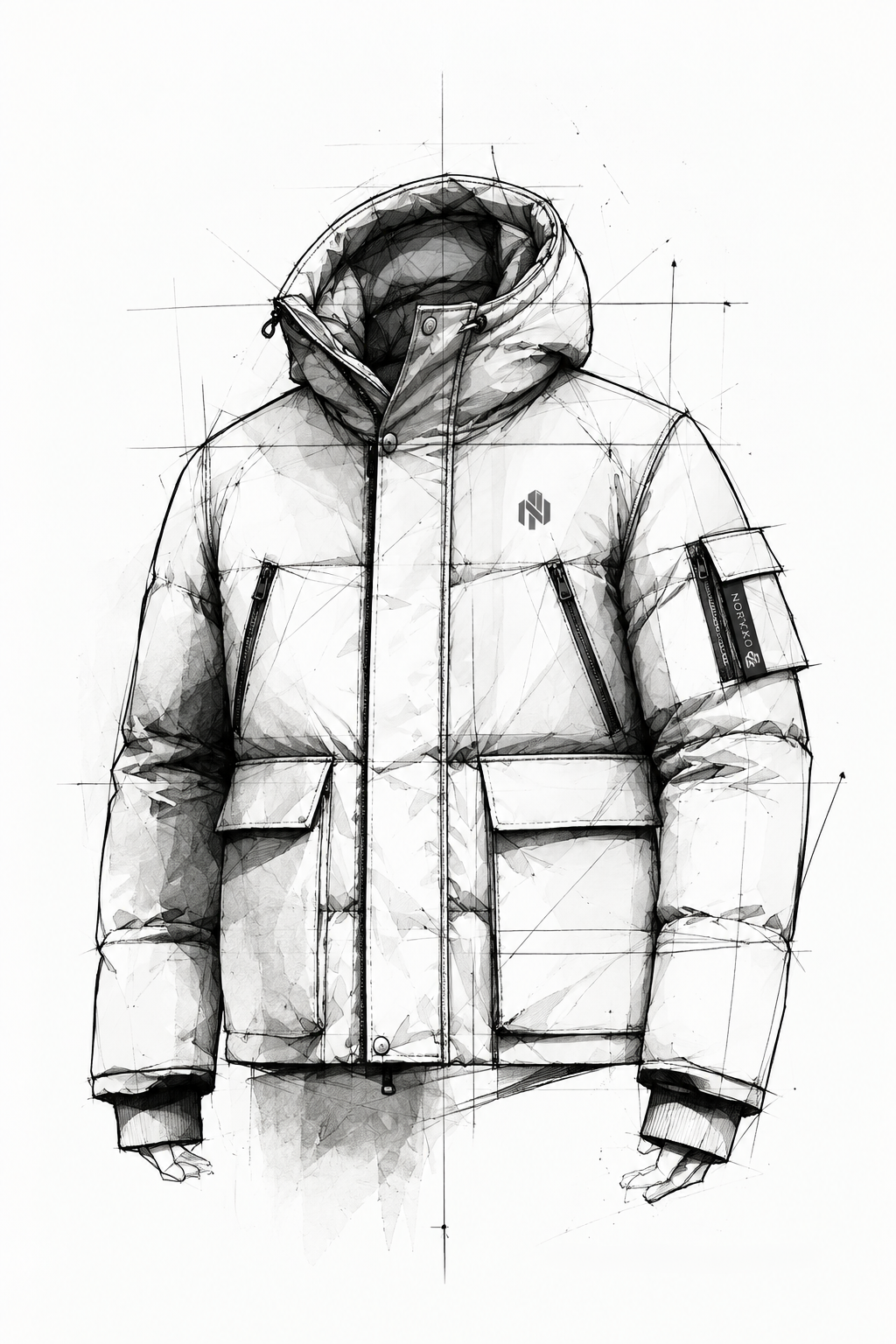 Designskizze einer Steppjacke mit Kapuze und Markenlogo als Beispiel für Produktentwicklung