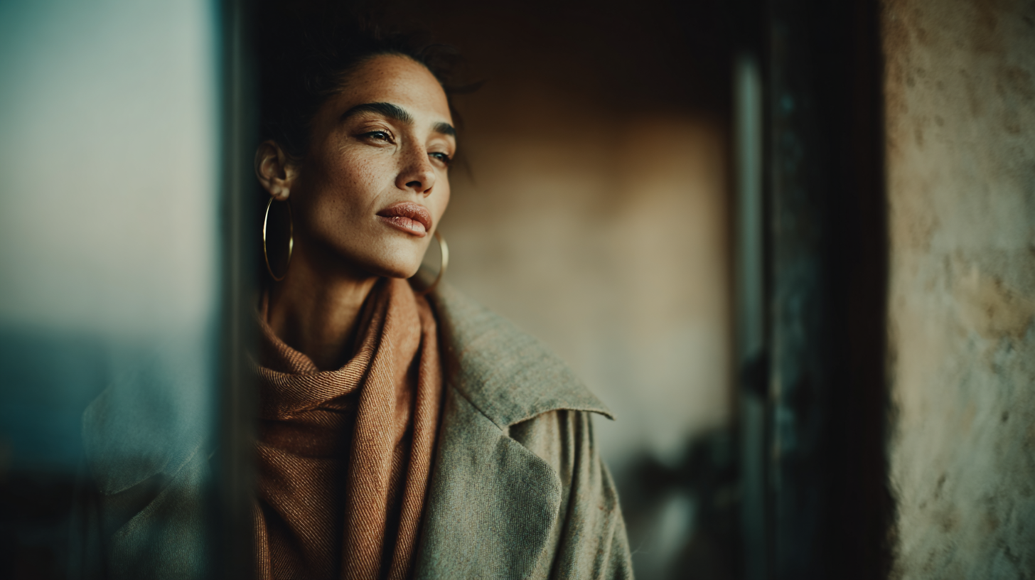 Close-up portrait of woman in coat and scarf within architectural setting – understated presence and clarity