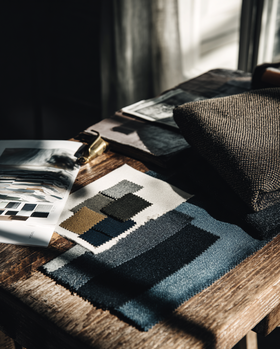 Materialauswahl mit Stoffmustern, Farbkonzept und Textilien für Corporate Fashion, Brand Apparel und textile Markenidentität von Studio ARTVÉA.