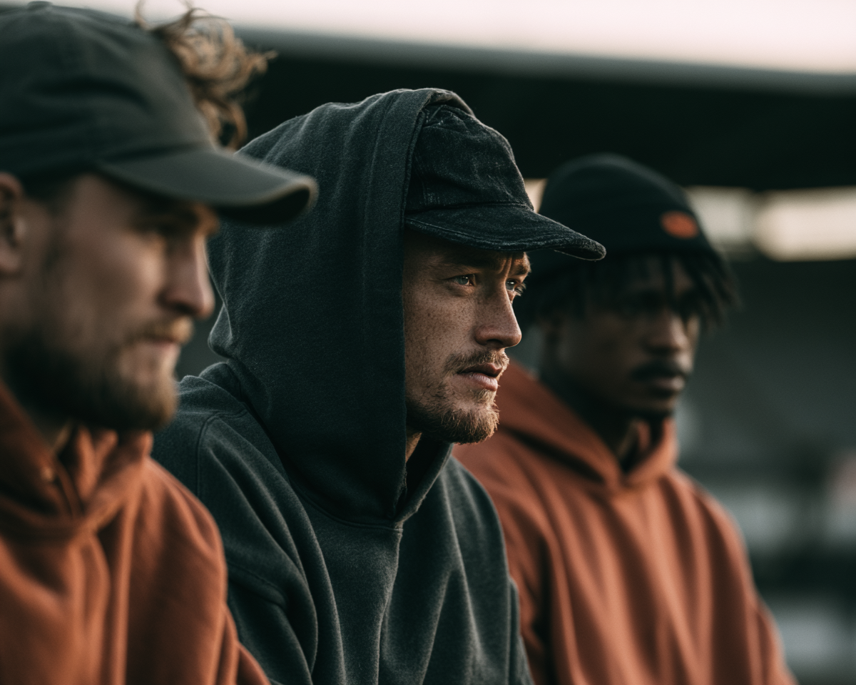 Fans und Sportler in hochwertiger Clubwear mit Hoodies und Caps als Beispiel für Fanwear und textile Clubprodukte von Studio ARTVÉA.