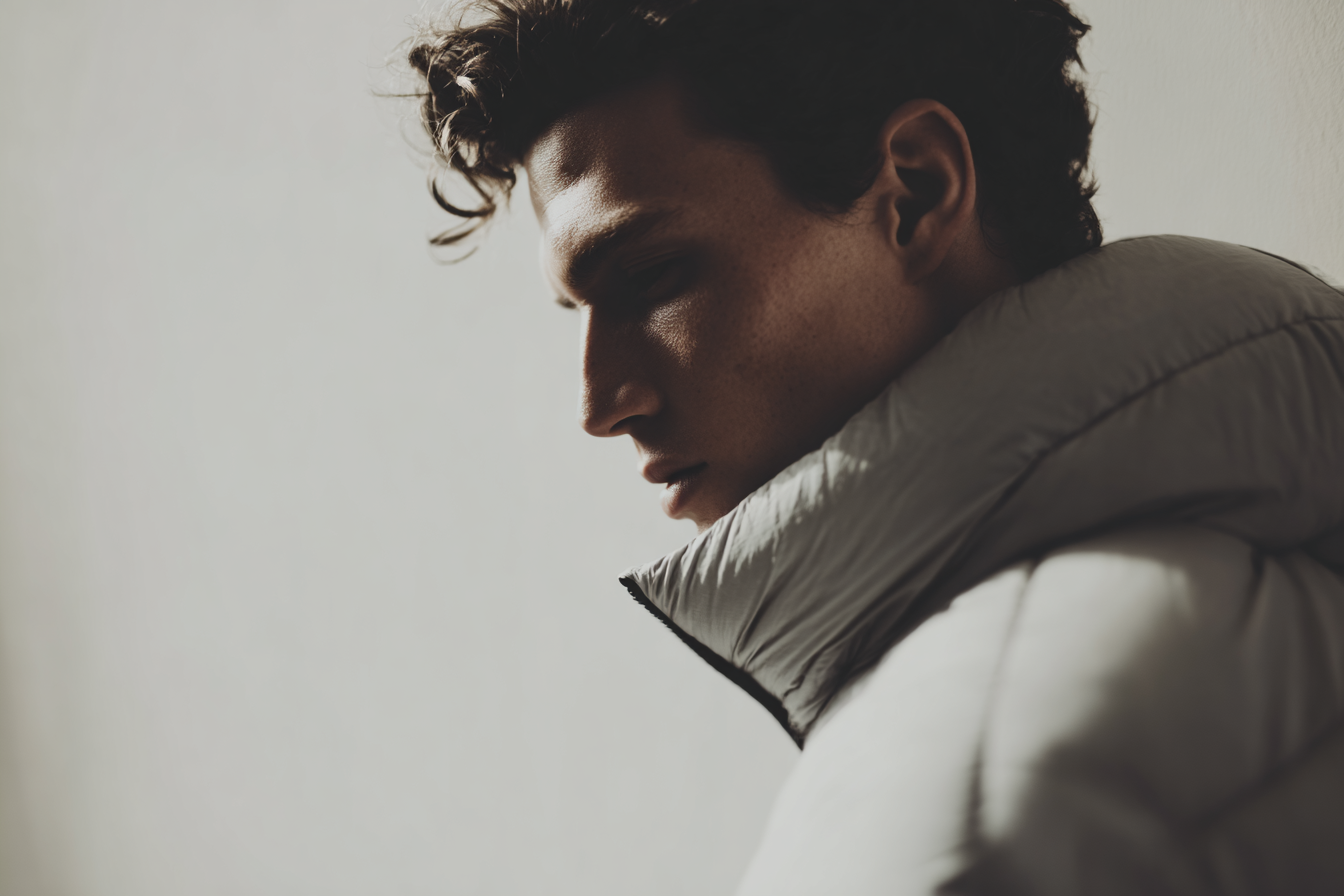 Profile view of man wearing offwhite puffer jacket with high collar – functional product development at Studio ARTVÉA