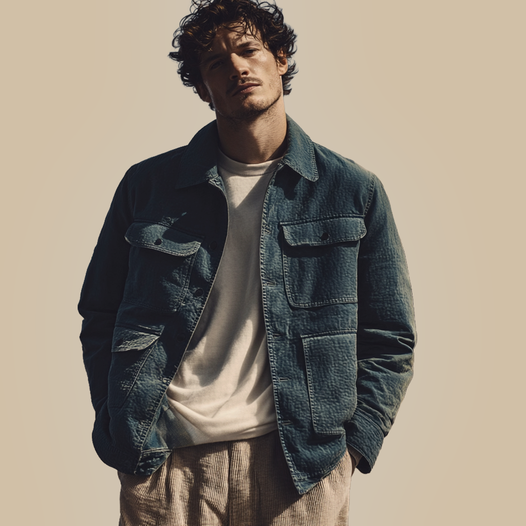 Denim Overjacket von Studio ARTVÉA mit moderner Silhouette und Materialtiefe als hochwertiges Brand Apparel Piece.