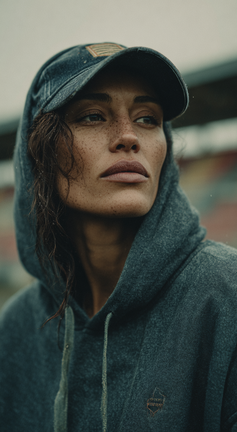 Frau in hochwertiger Clubwear mit Hoodie und Cap als Beispiel für Fanwear, textile Clubprodukte und Premium Club Apparel von Studio ARTVÉA.
