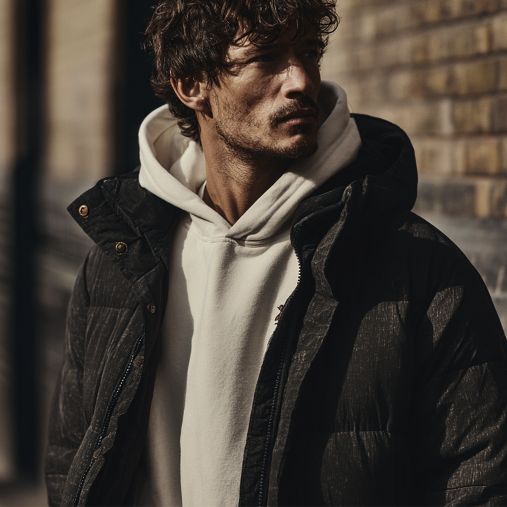 Puffer Jacket mit Hoodie-Layering von Studio ARTVÉA als hochwertiger Outerwear Look für moderne Team- und Markenauftritte.
