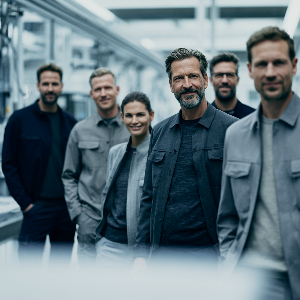 Team in abgestimmter Mitarbeiterbekleidung und Firmenbekleidung als Beispiel für einheitlichen, professionellen Markenauftritt im Unternehmen.