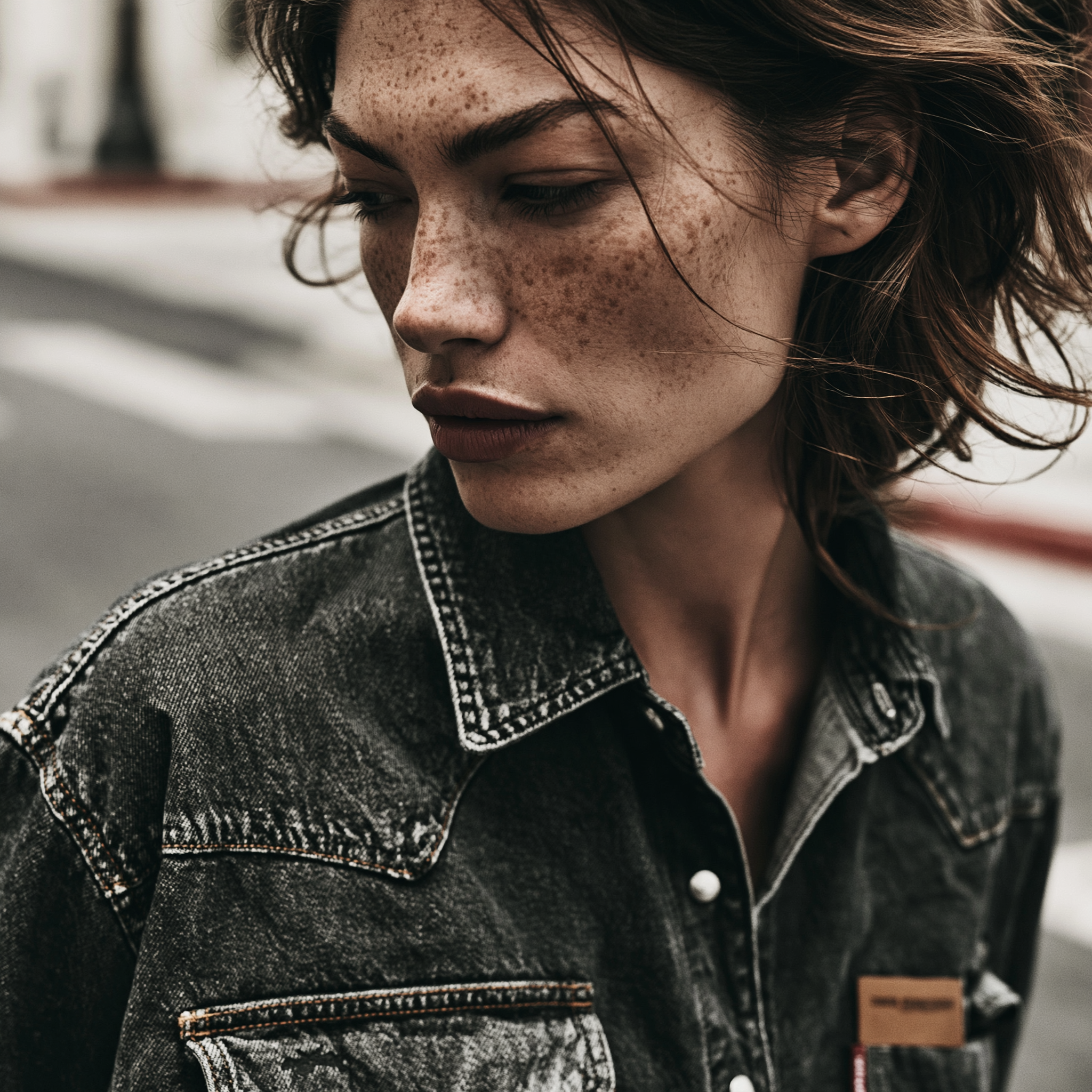 Denim-Hemd von Studio ARTVÉA mit Labeldetail als hochwertiges Brand Apparel für textile Markenidentität.