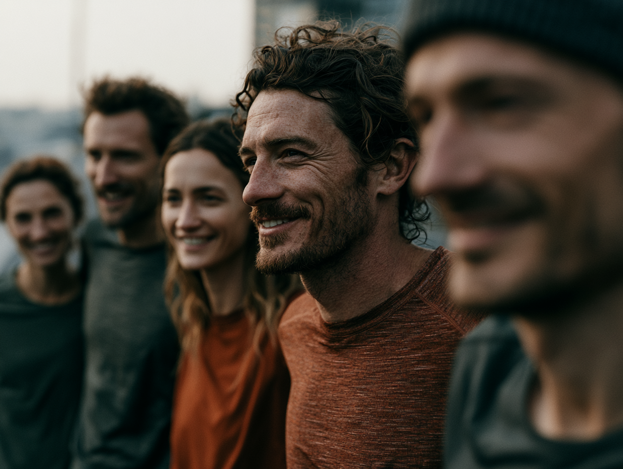 Mitarbeitende eines Unternehmens in individuell gestalteten Laufshirts bei einem gemeinsamen Firmenlauf.