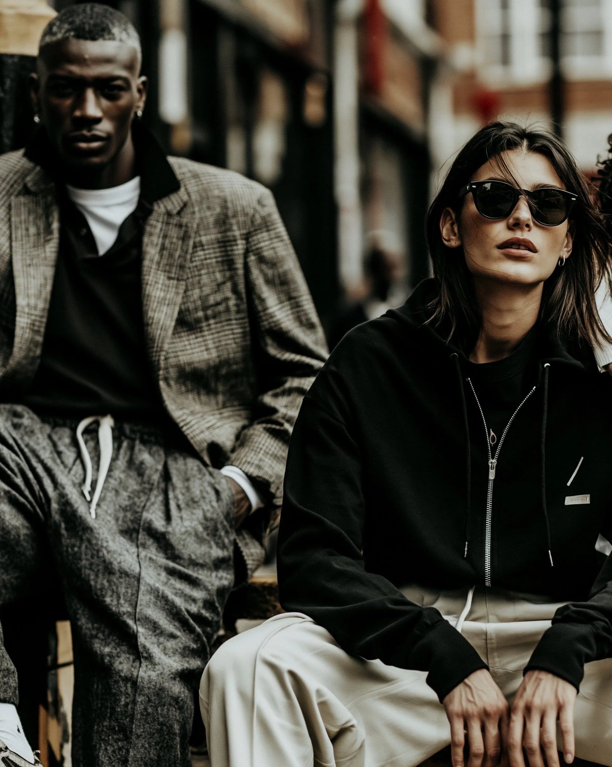 Woman in a black zip hoodie beside a man in coordinated casual apparel, illustrating a custom apparel collection.