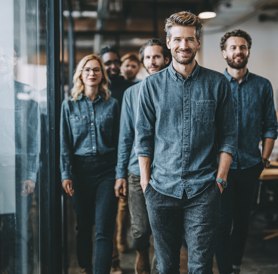Modernes Unternehmensteam in individuell entwickelter Corporate Fashion und Teamwear